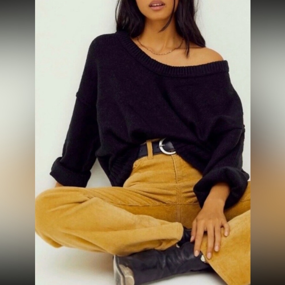 Free People Women's Black Long Sleeve Brookside Tunic OVERSIZE Sweater XS